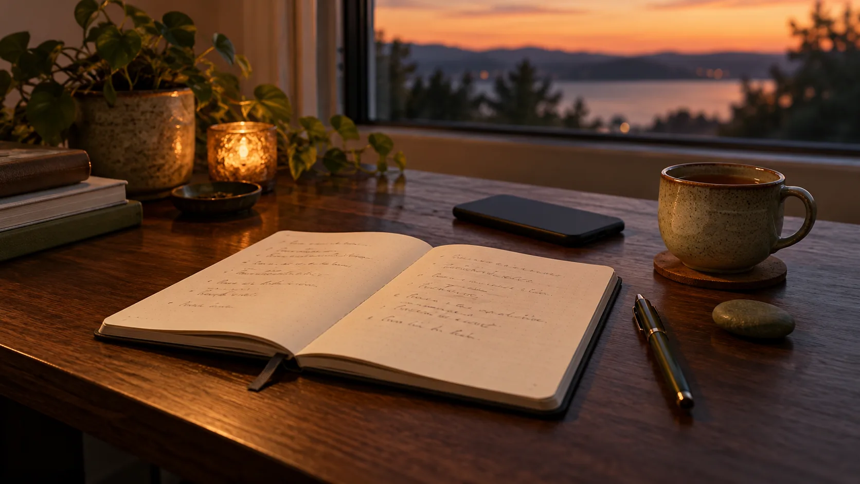 An open notebook, a dark phone, tea, pen, and smooth pebble on a walnut desk at sunset
