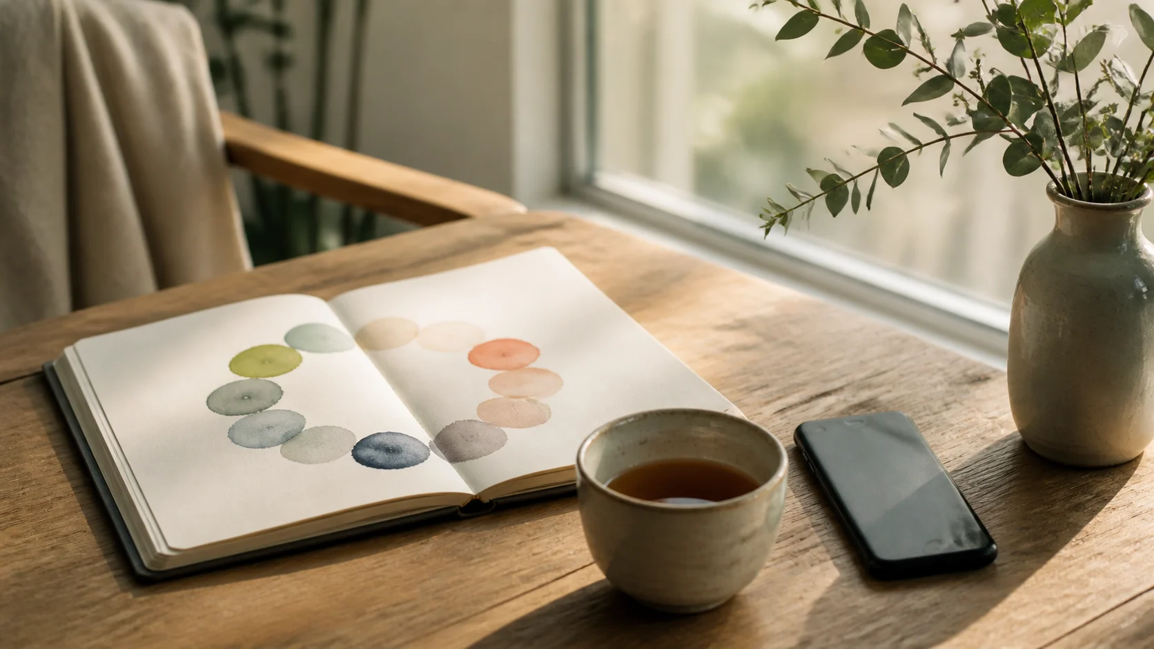 An open journal with soft circular color swatches beside tea and a phone for a quiet emotional check-in