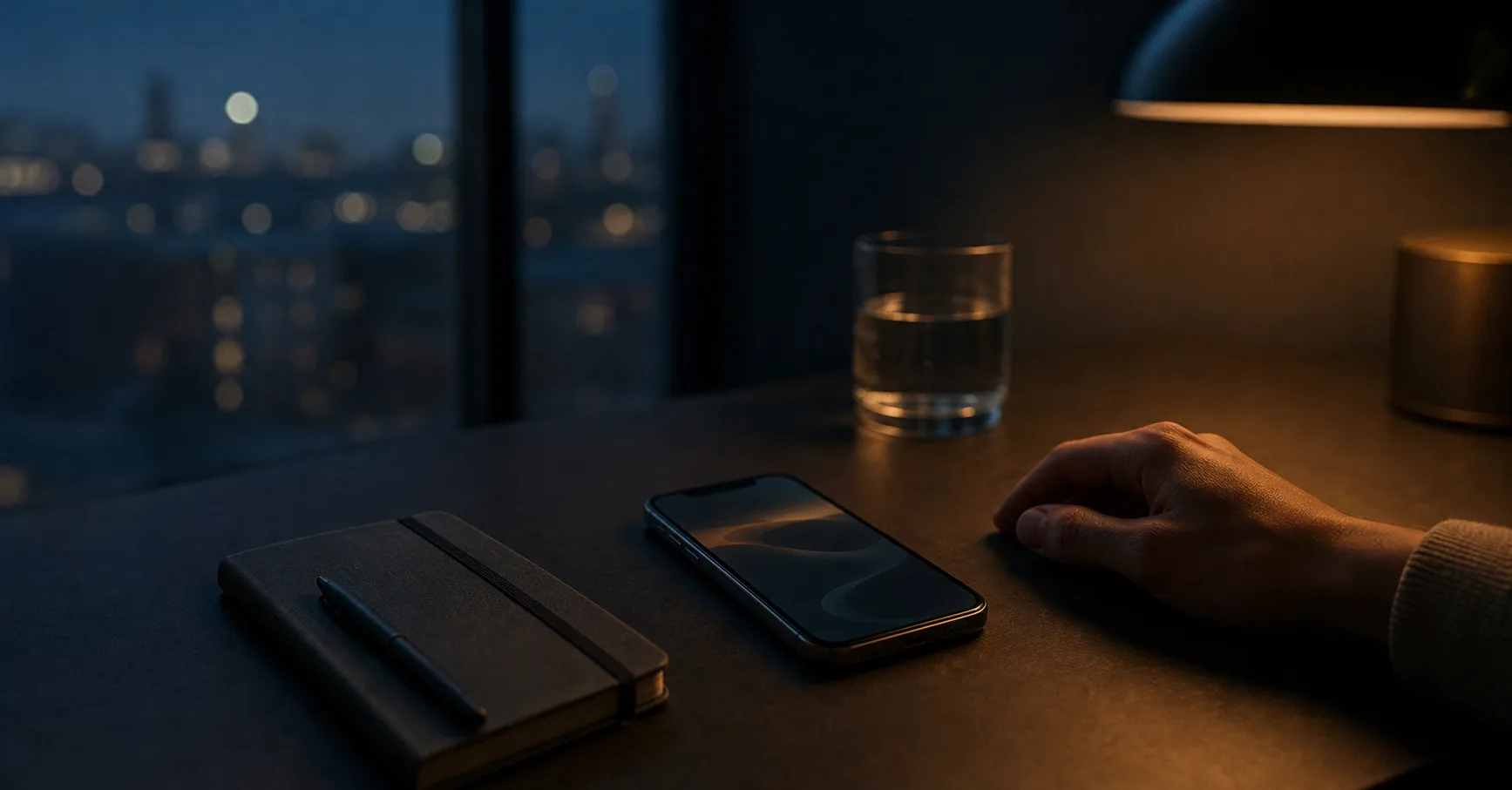 A quiet evening desk with a phone, notebook, and glass of water for a daily energy check-in