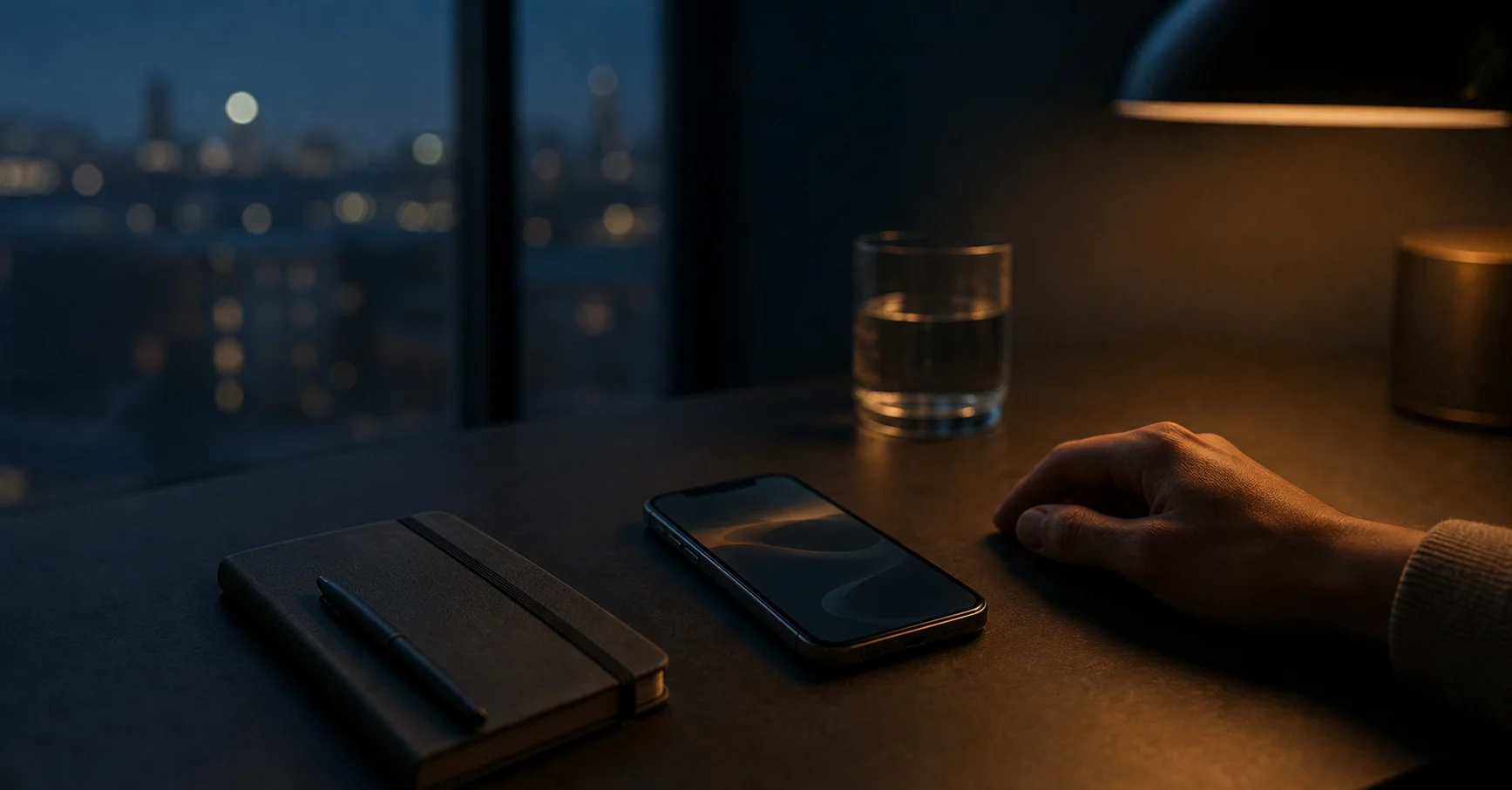 A quiet evening desk with a phone, notebook, and glass of water for a daily energy check-in