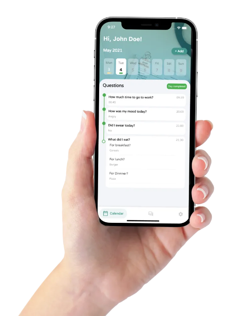 EvereeME habit and daily question tracker held on an iPhone