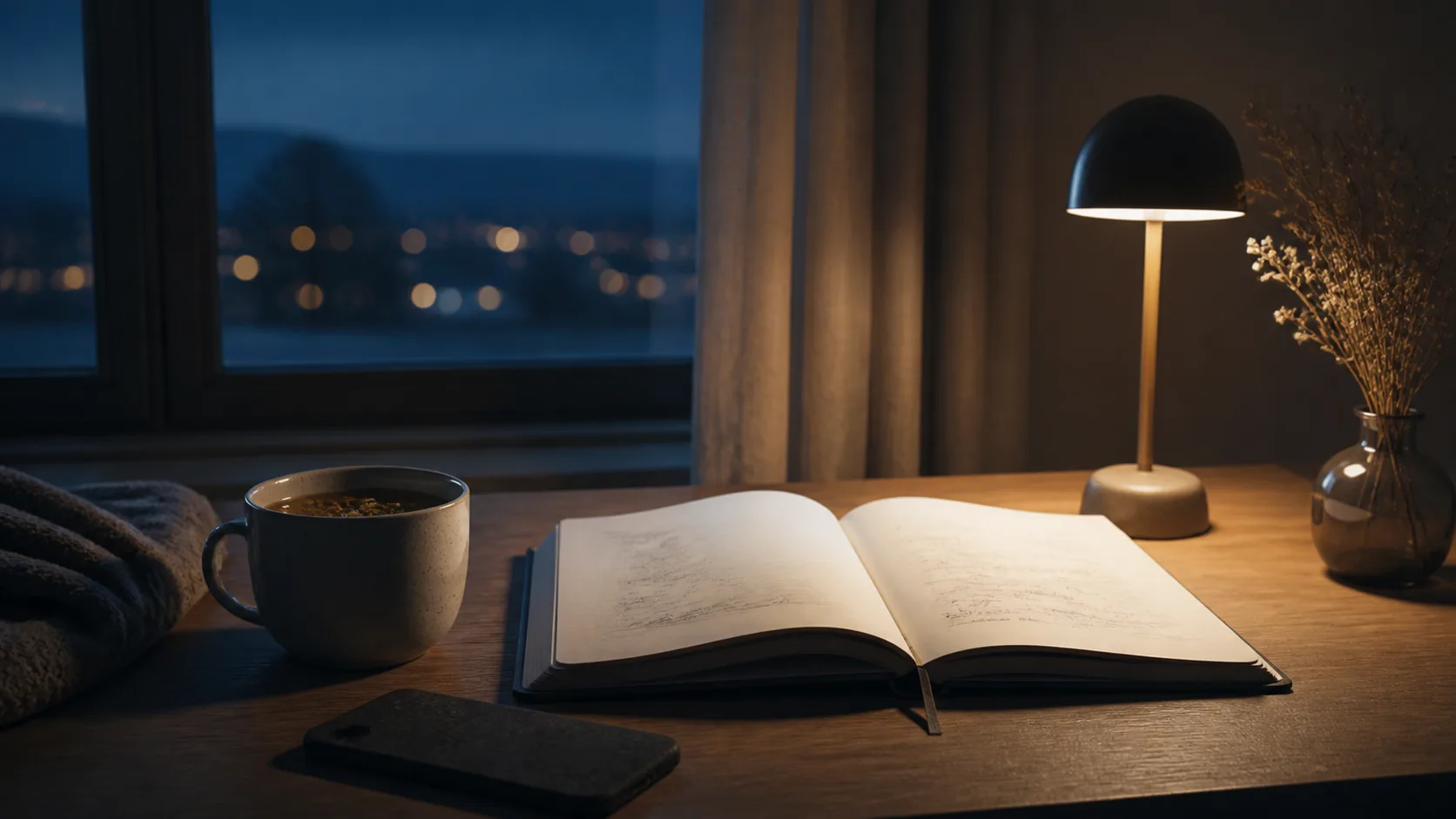An open journal, a face-down phone, and tea on a softly lit desk at dusk for a quiet personal review