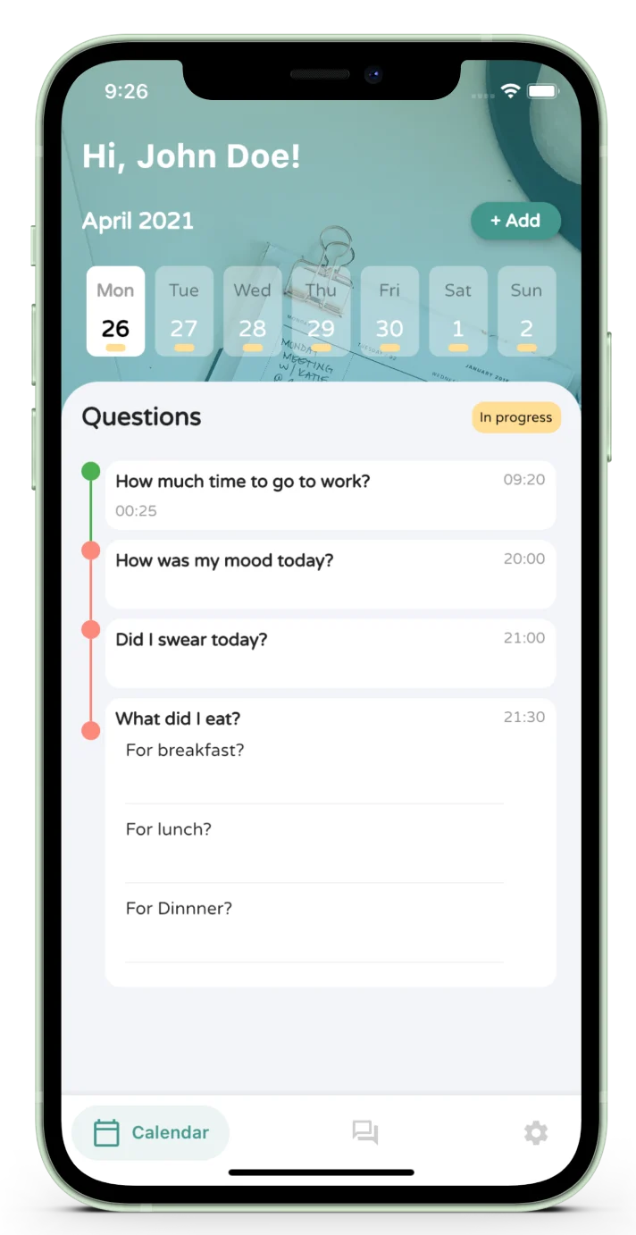 EvereeME digital journal timeline with daily questions and answers