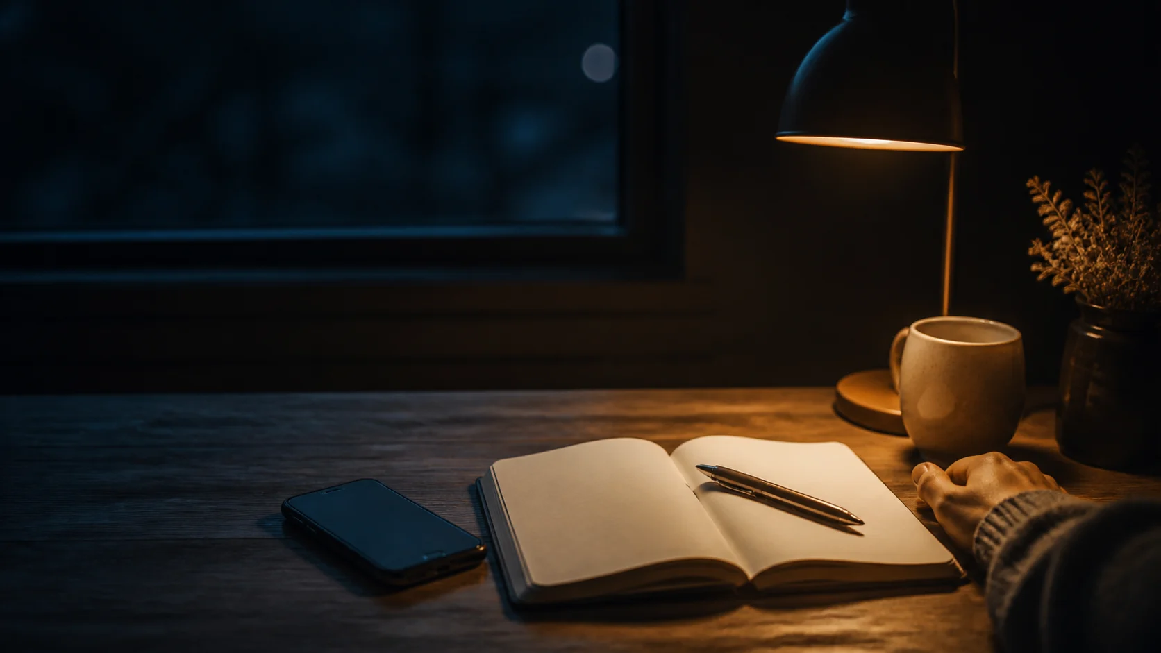 A blank open notebook, pen, phone, and warm lamp on a quiet evening desk