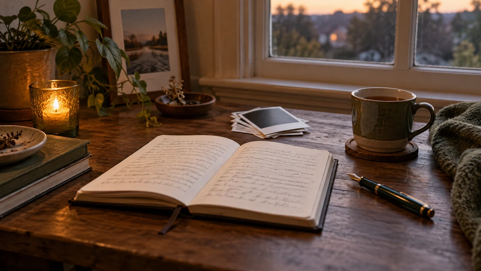 An open journal, photographs, tea, and a fountain pen on a wooden table at sunset
