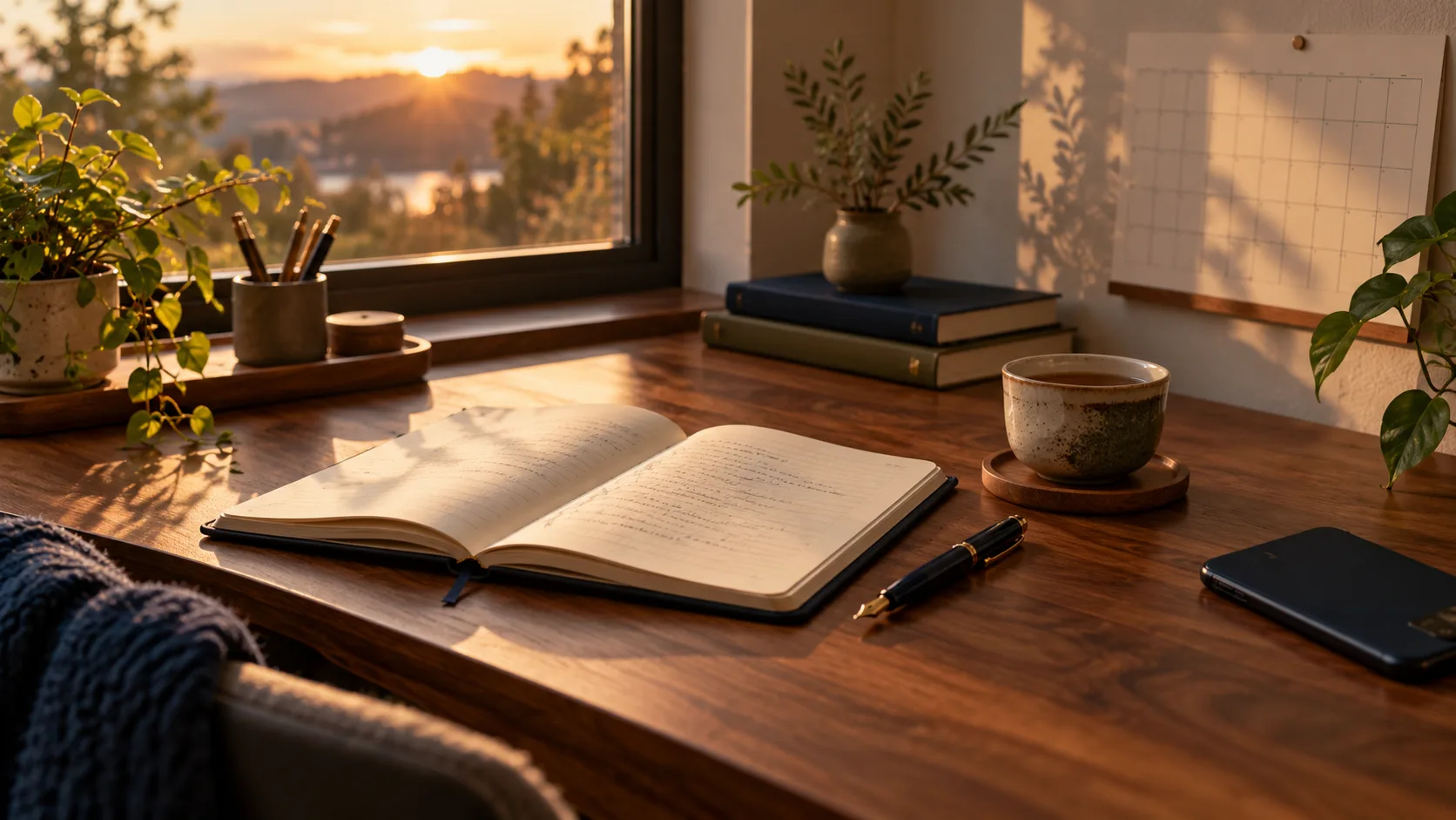 An open notebook, fountain pen, tea, blank monthly calendar, and phone on a walnut desk in warm evening light