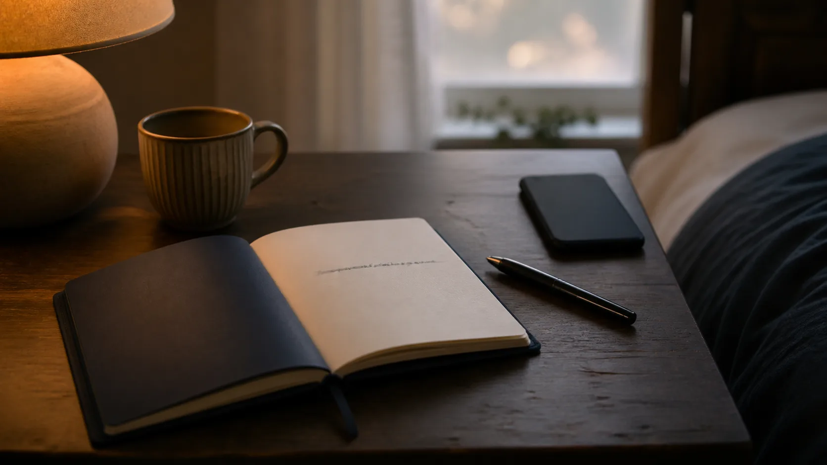 An open dark-blue notebook with one blurred line on a bedside table beside a pen, mug, and face-down phone