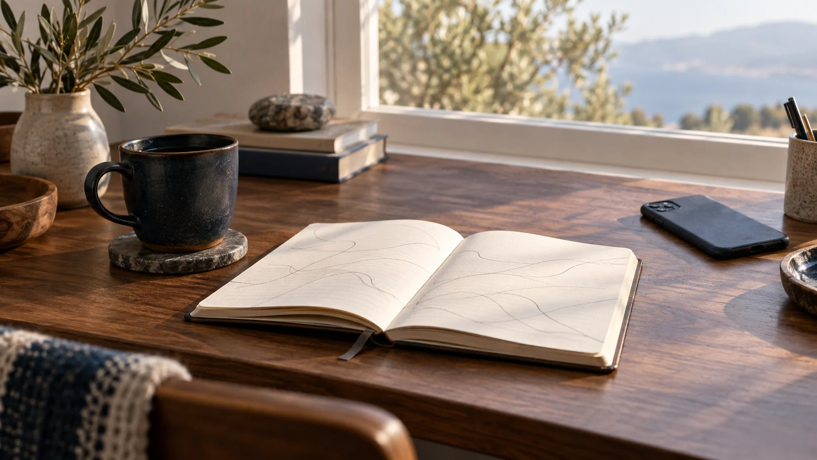 An open notebook with abstract lines, a dark cup, olive leaves, and a face-down phone on a sunlit walnut desk