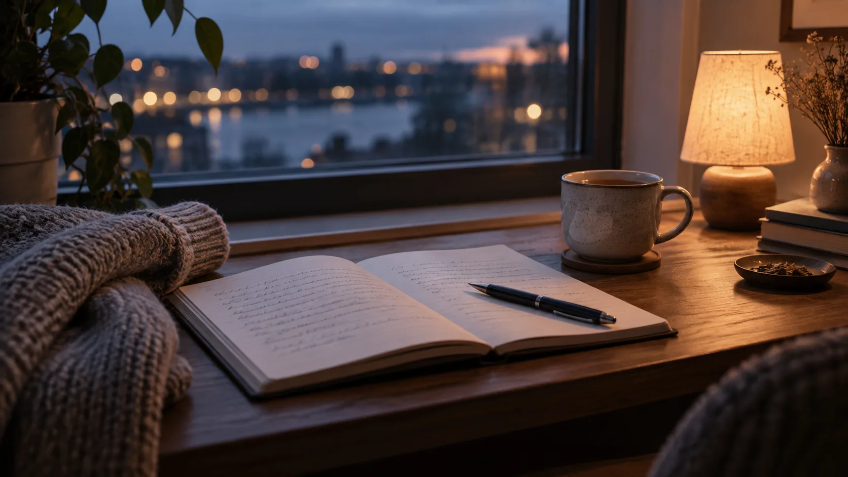 An open journal, pen, tea, and warm lamp beside a window at dusk