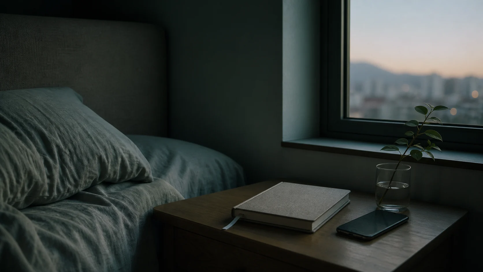 Calm bedside scene representing an evening sleep reflection ritual