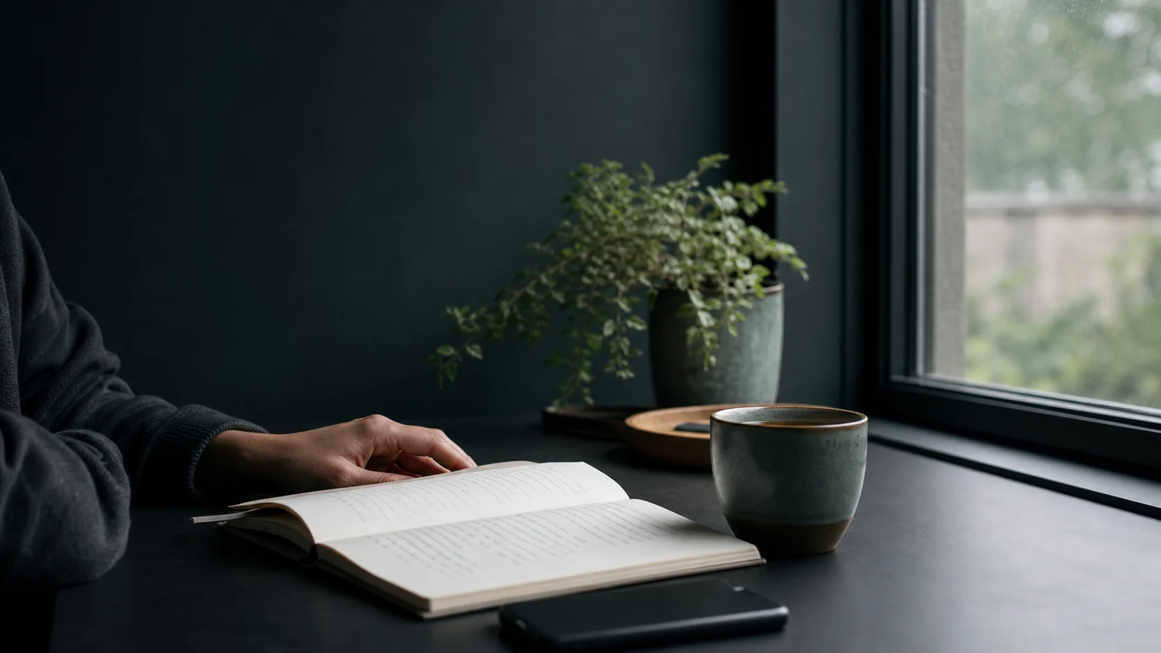 A quiet desk by a window with an open notebook, tea, and a phone during a weekly reflection